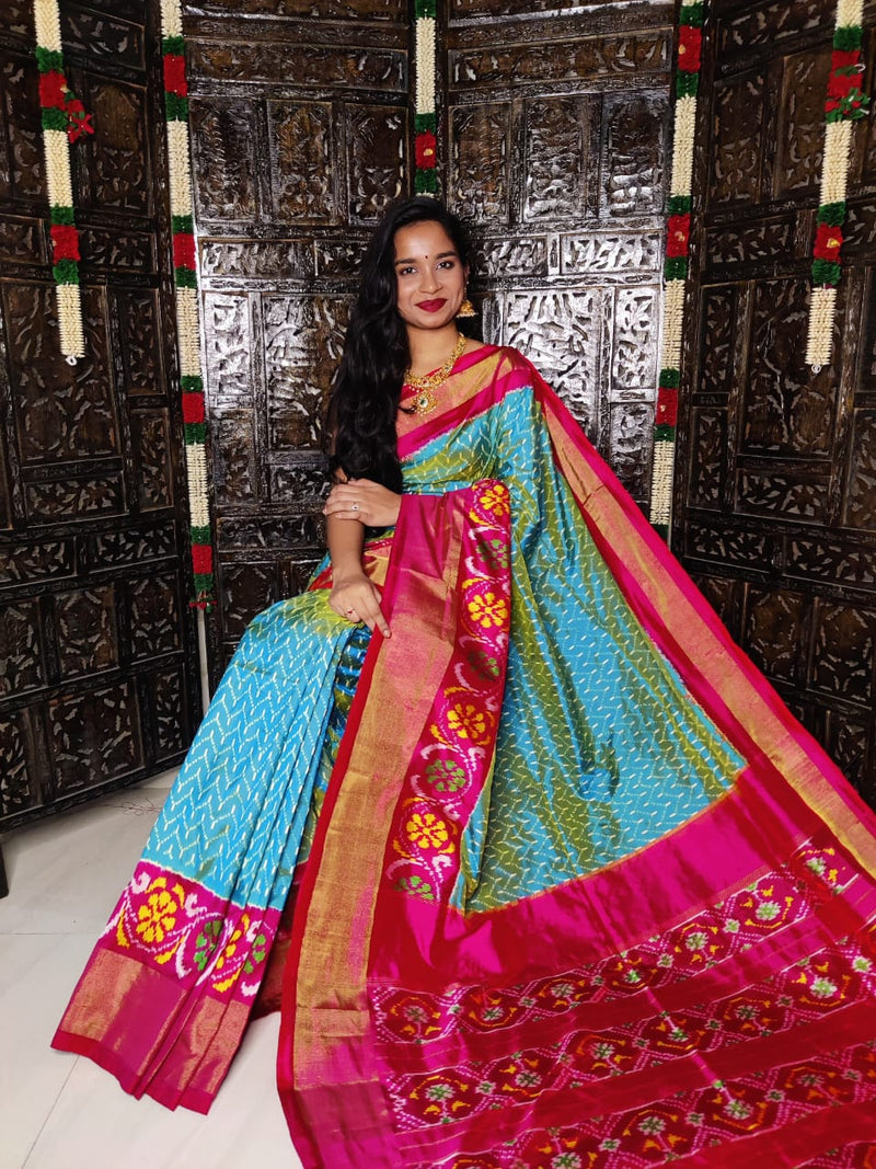 Pure Pochampally Ikkat Silk Saree With Blouse Pthani Pattern  Border.