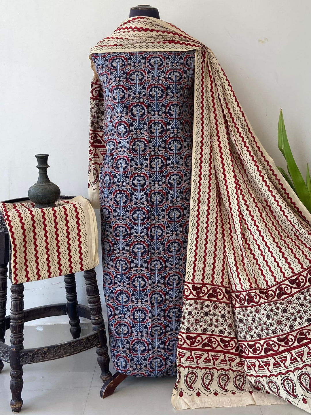 Pure Cotton Azrakh Print Unstitched Suit With  cotton Duppatta