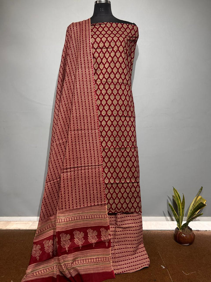 Pure Cotton Hand Block Print Unstitched Suit With Cotton Dupatta