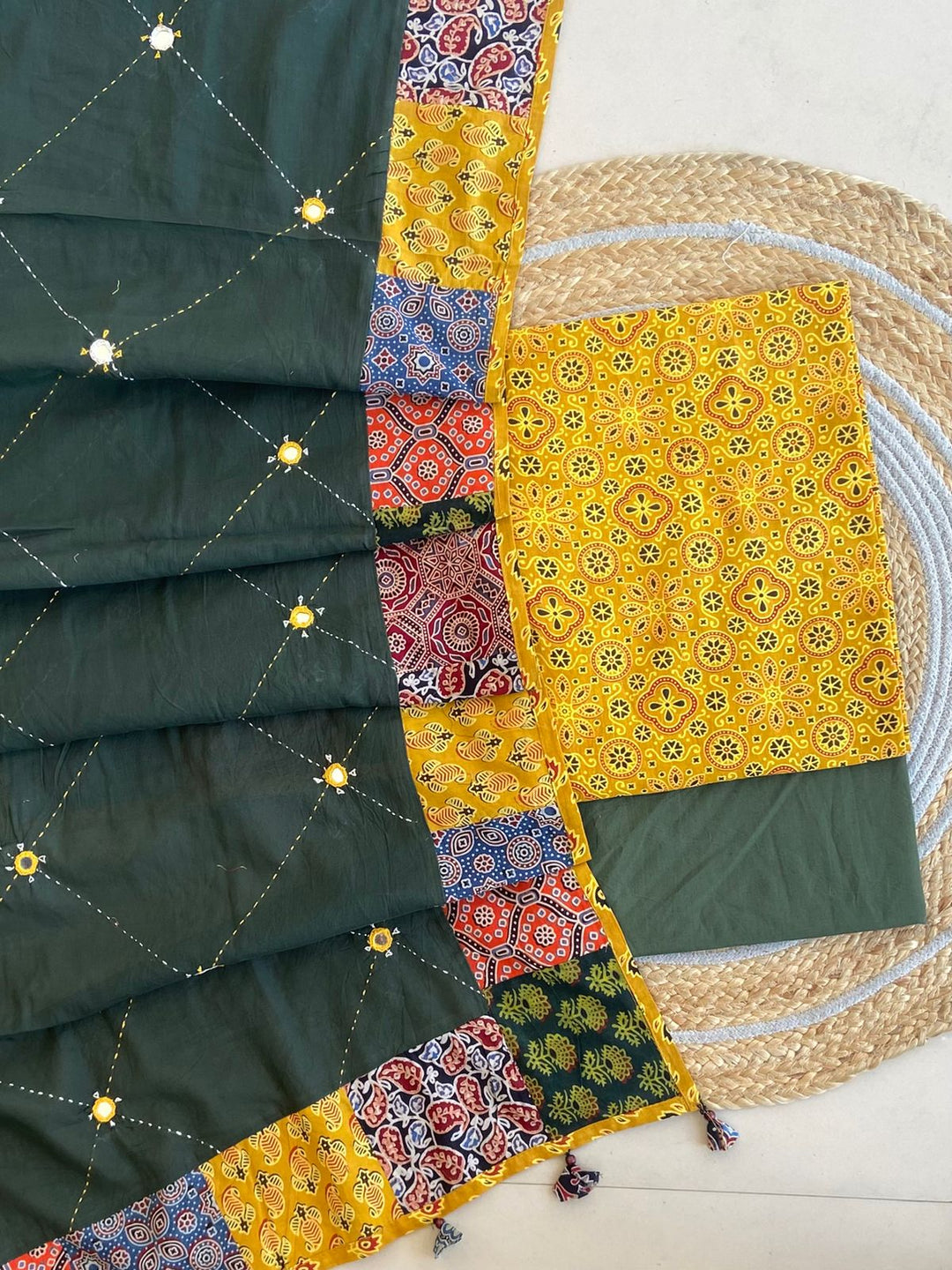 Pure Cotton Azrakh Print Unstitched Suit With Patch Work Dupatta