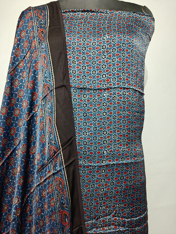 Pure Modal Silk Ajrakh Hend Block Zari Pallu Weaved 2pc Unstitched Suit
