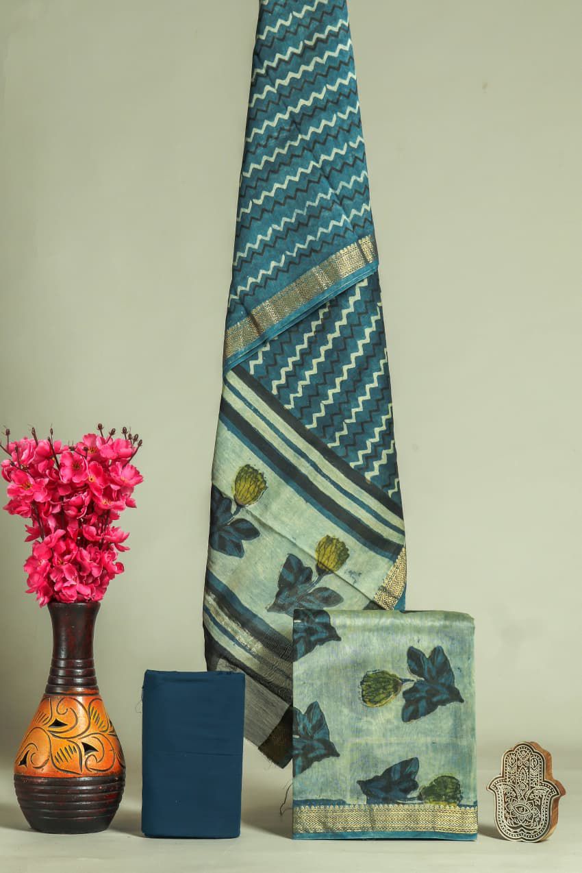 Pure Maheshwari Silk Hand block print Unstitched Suit.
