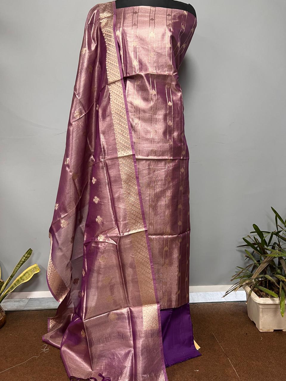 Banarasi Tissue Silk 3 Pc Unstitched Suit with Tissue  Dupatta