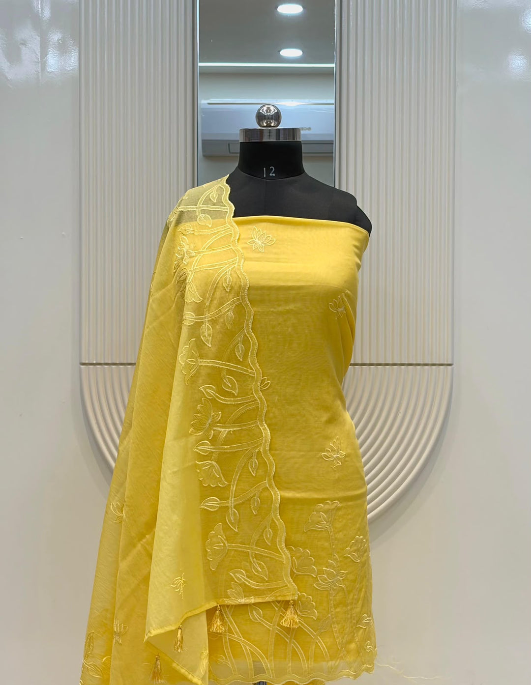 Pure Banarasi Mul Cotton Unstitched Suit With Applique Cut Work .