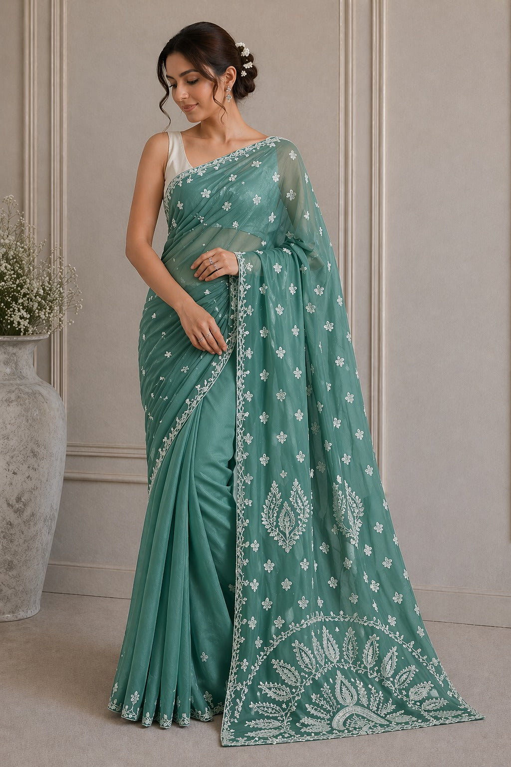 Pure Chiffon Chikankari Half Jaal Work Hand Embroidery Saree with Blouse