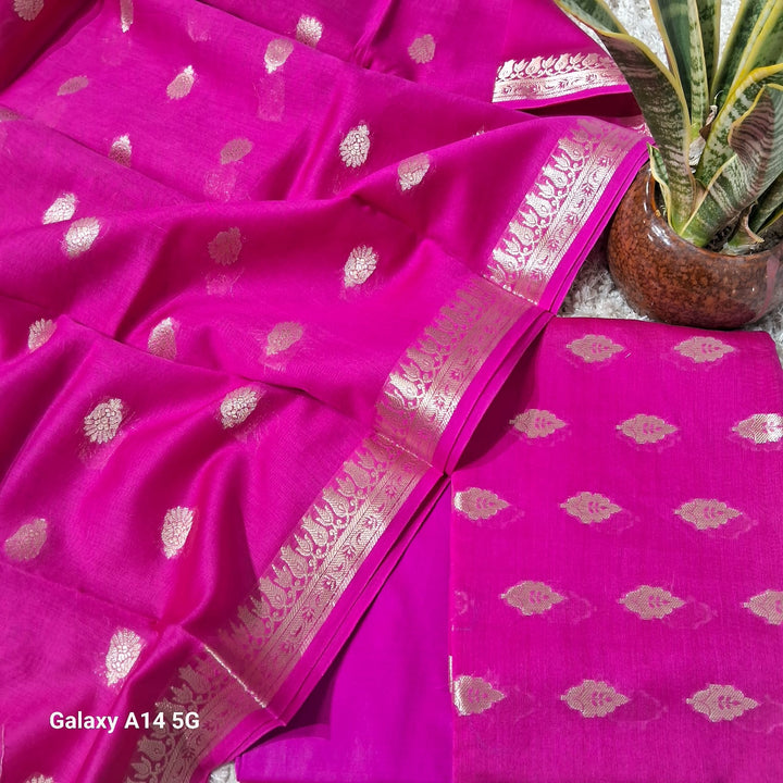 Pure Banarasi chanderi silk zari wark unstiched suit.