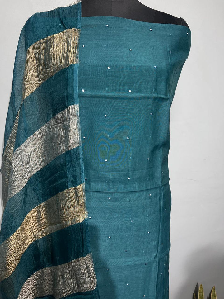 Exclusive Pure Banarasi Chanderi Silk Unstitched Suit with Organza Crushed Tissue Stripe Dupatta