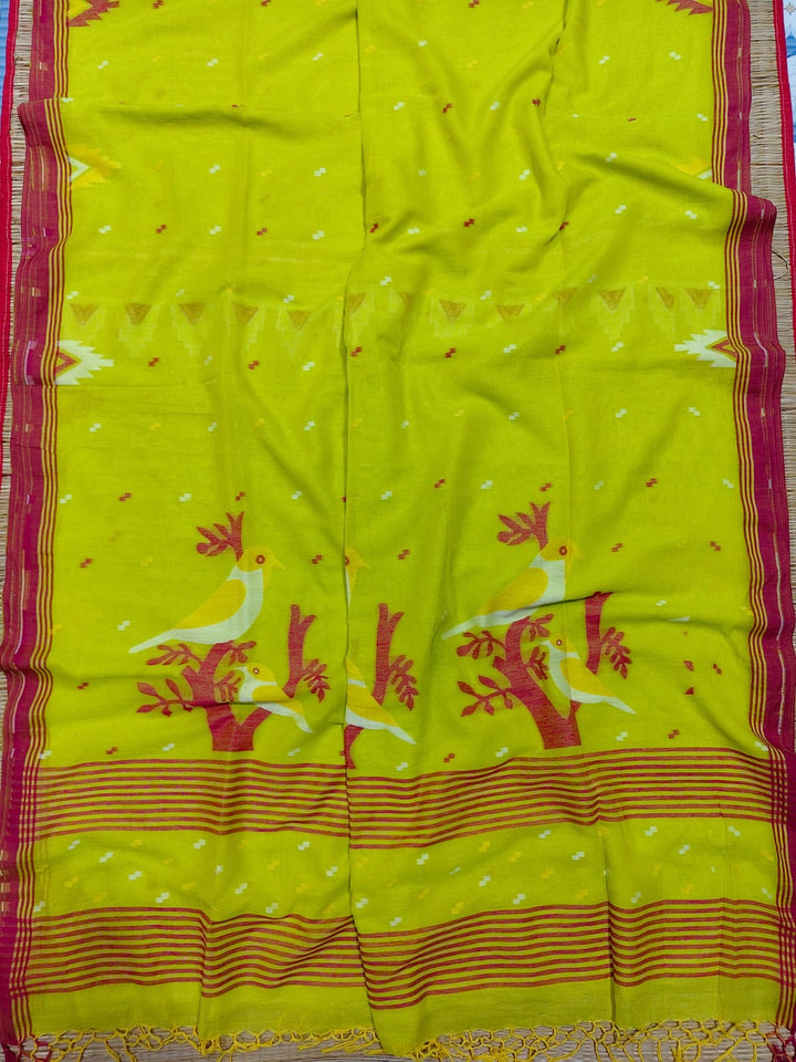 Pure Cotton Handloom Jamdani Bird Motif Saree With Blouse
