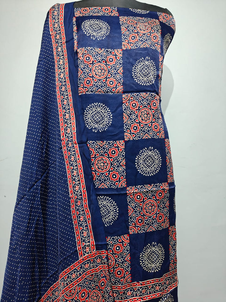 Pure Modal Silk Ajrakh Hend Block Zari Pallu Weaved 3pc Unstitched Suit