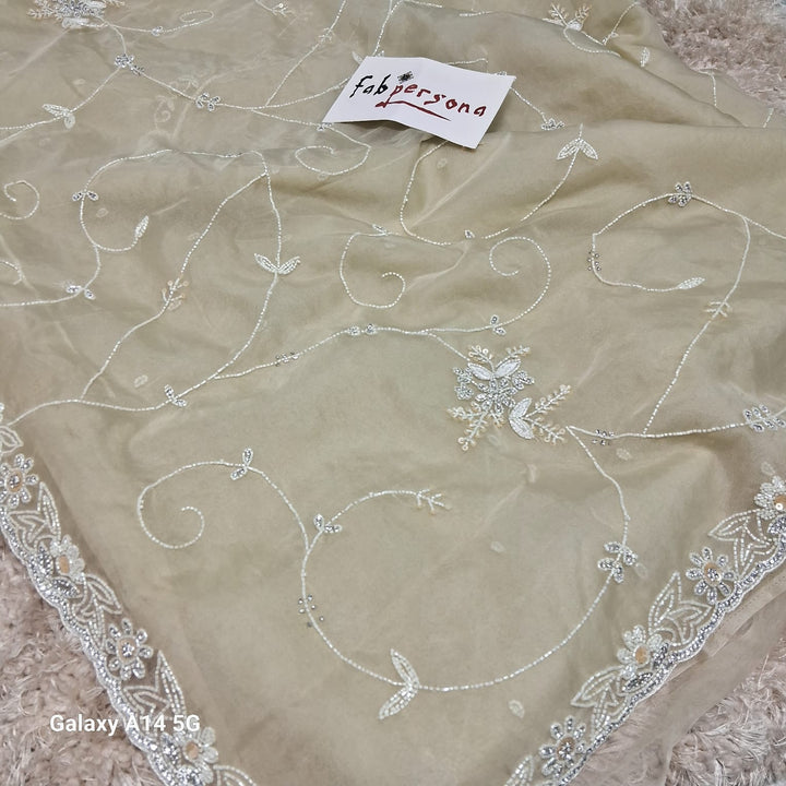 Pure Organza Silk Hand Full Zall  Work Saree With Running Blouse.