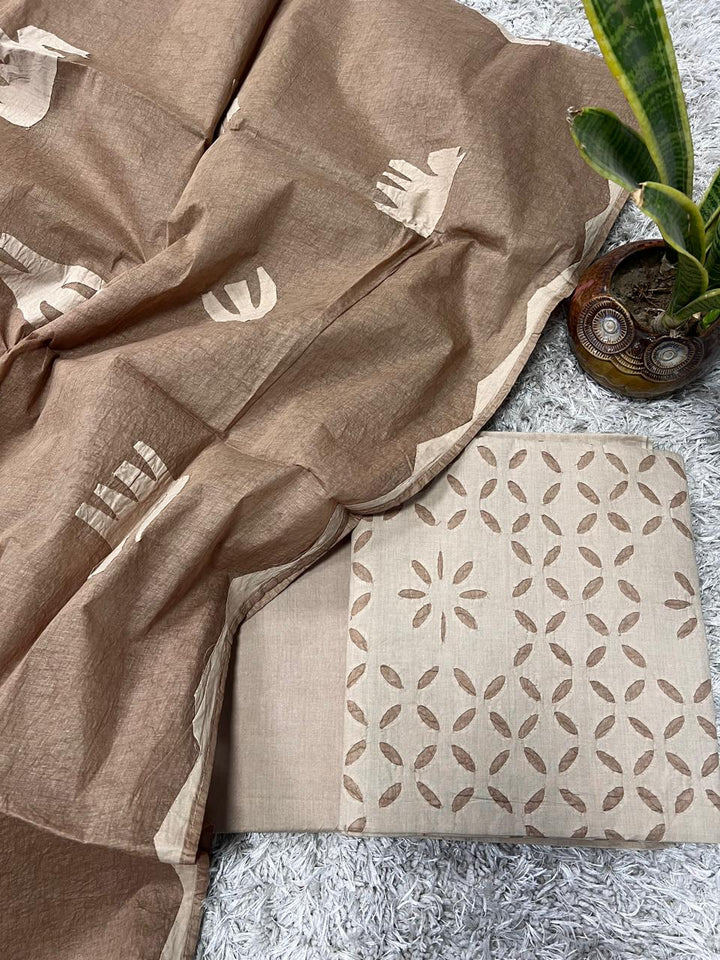 Pure Cotton Applique Work Unstitched Suit With Cotton Applique Work Dupatta.