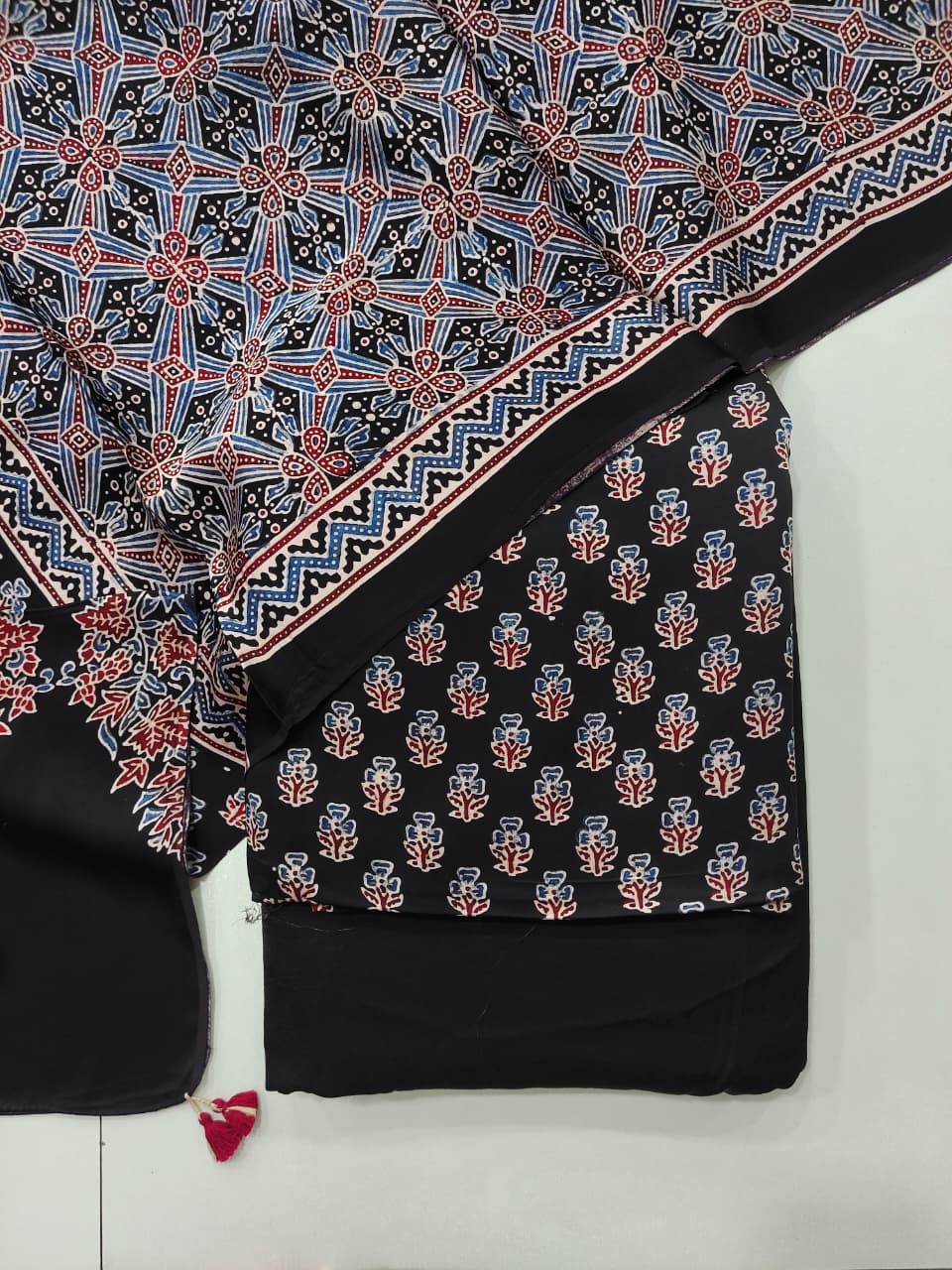 Pure Modal Silk Ajrakh Hand Block  3pc Unstitched Suit