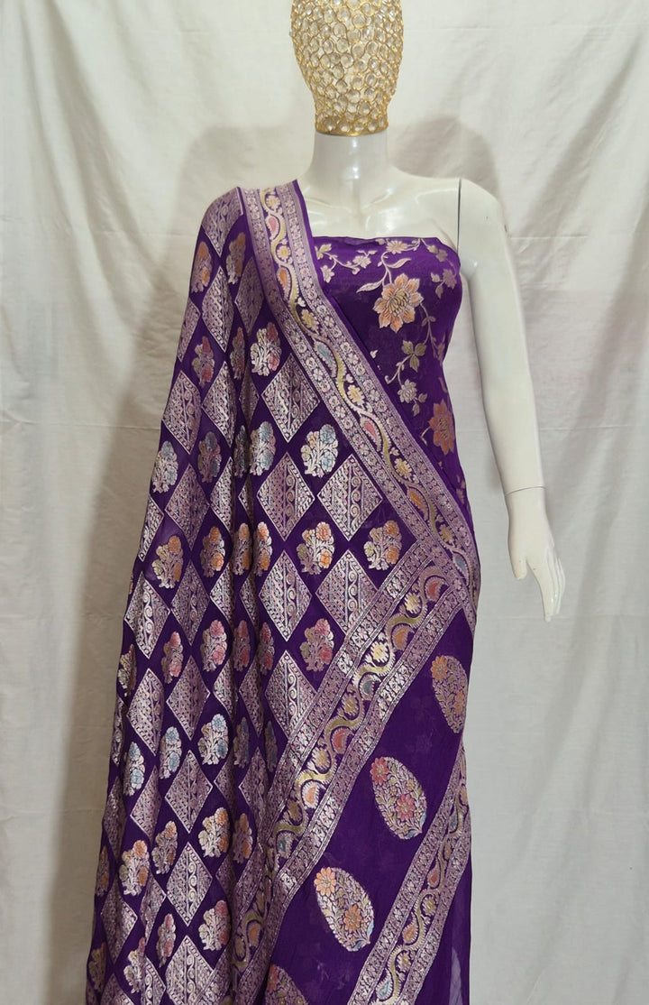 Pure Khhadi Chiffon Georgette Water Zari Work Unstitched Suit With khhadi Georgette Dupatta.