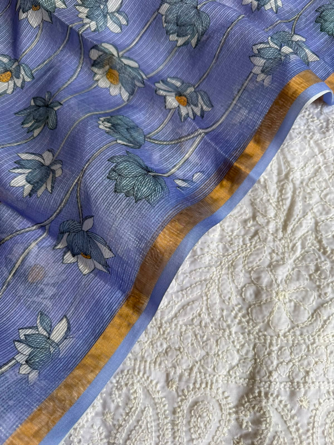 Pure Cotton Chikankari Hand Work Unstitched suit With Kalmkari Kota Doriya Dupatta.(without bottom)