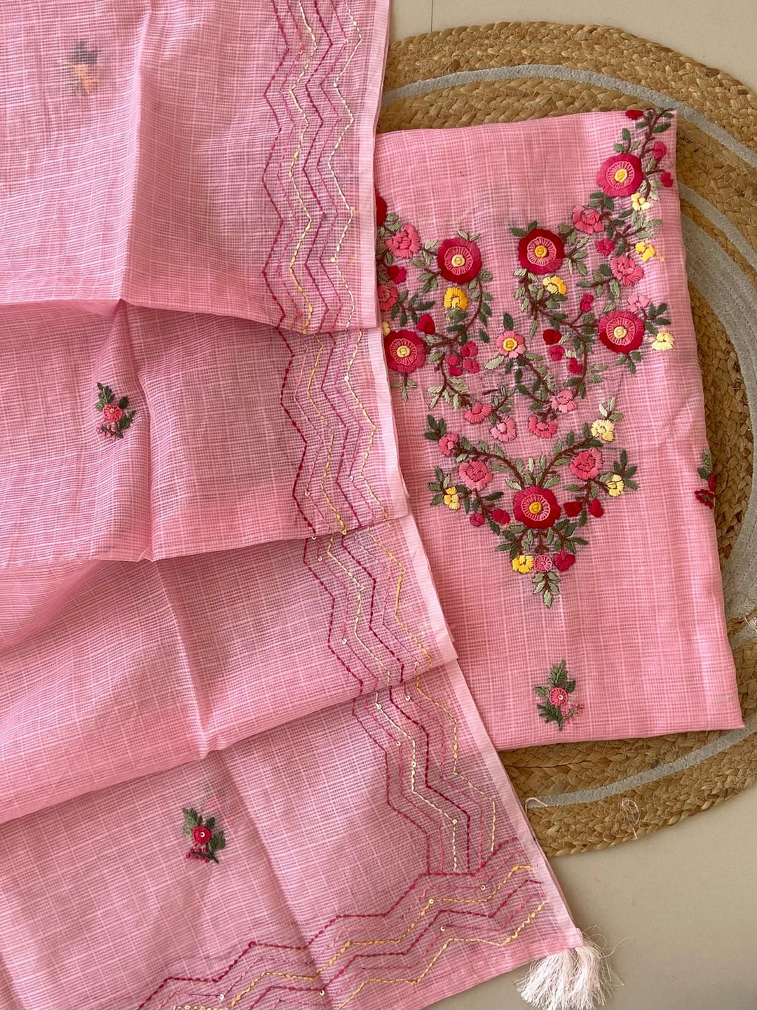 Pure Kota Doriya Silk Kurta And Dupatta With Neck Hand Work Emobroidery Unstitched Suit