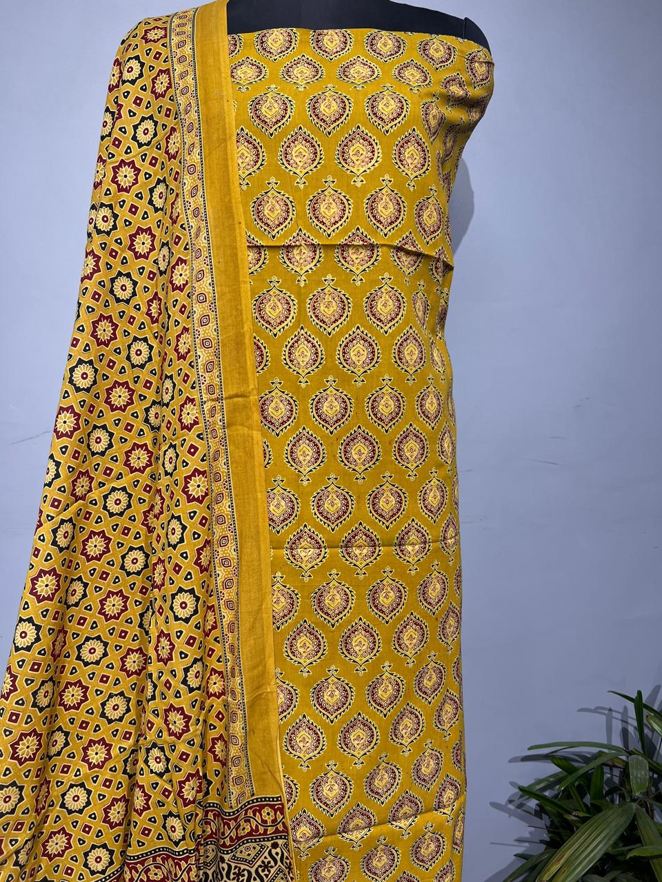 Pure Cotton Azrakh Print Unstitched suit With katha work Dupatta