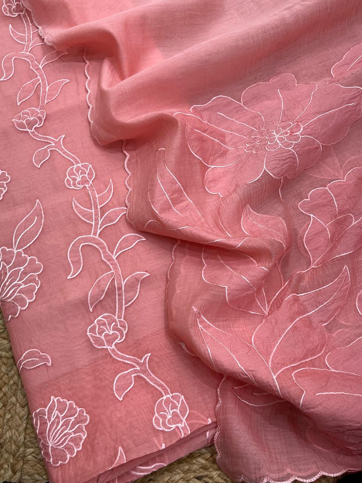 Pure Mul Chanderi Aplique Work Unstitched Suit With Chanderi Aplique Work Dupatta.