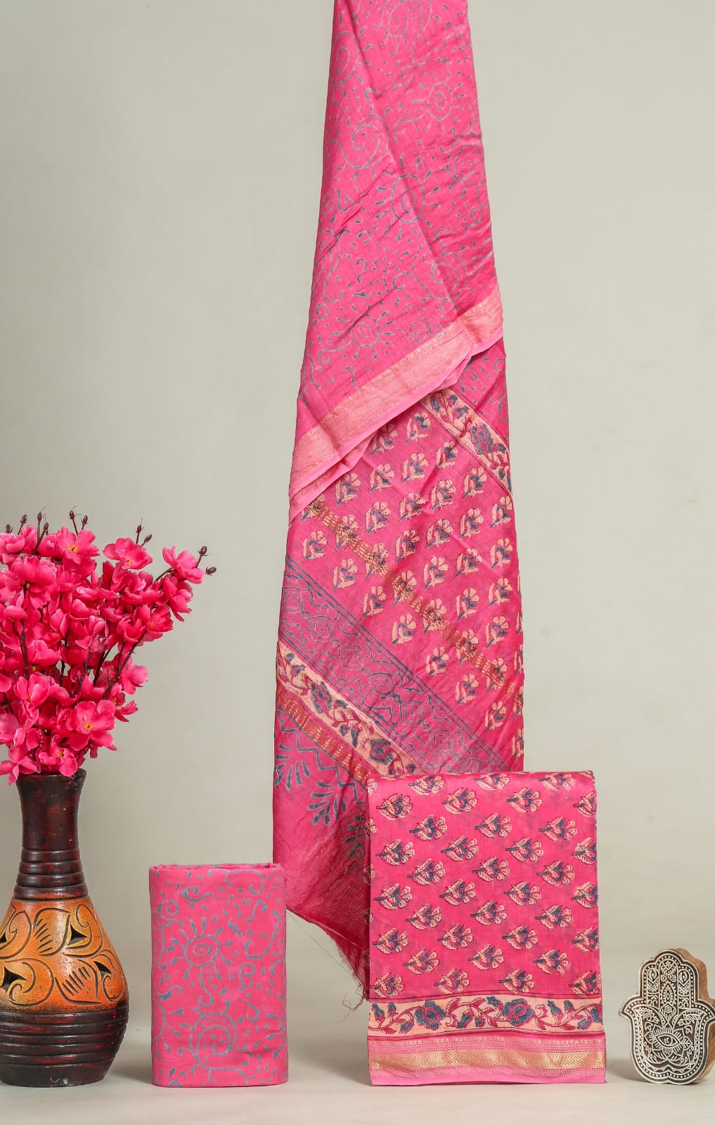 Pure Maheshwari Silk Hand block print Unstitched Suit.