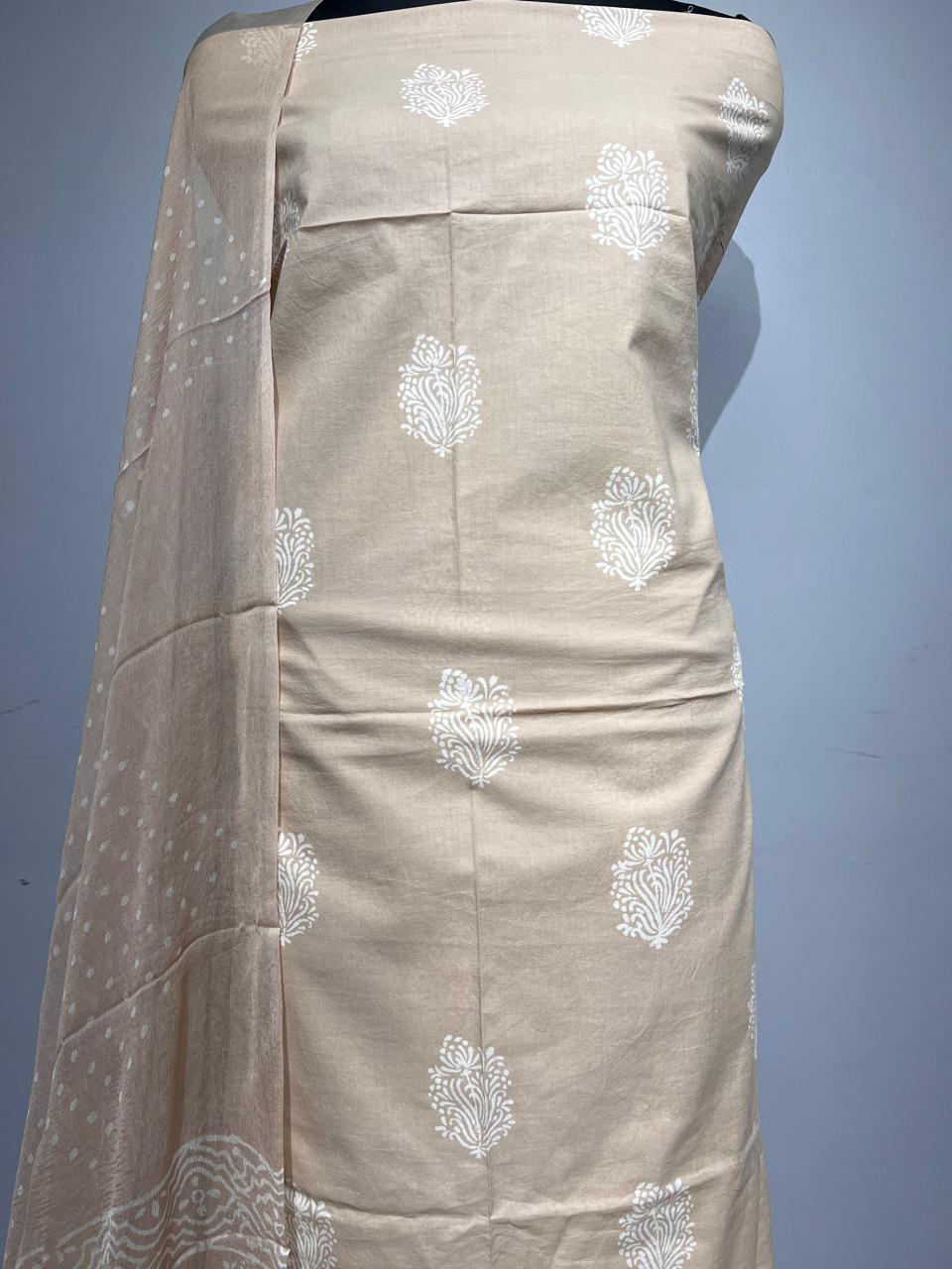 Pure Cotton Hand Block Print Unstitched Suit With Chiffon Dupatta