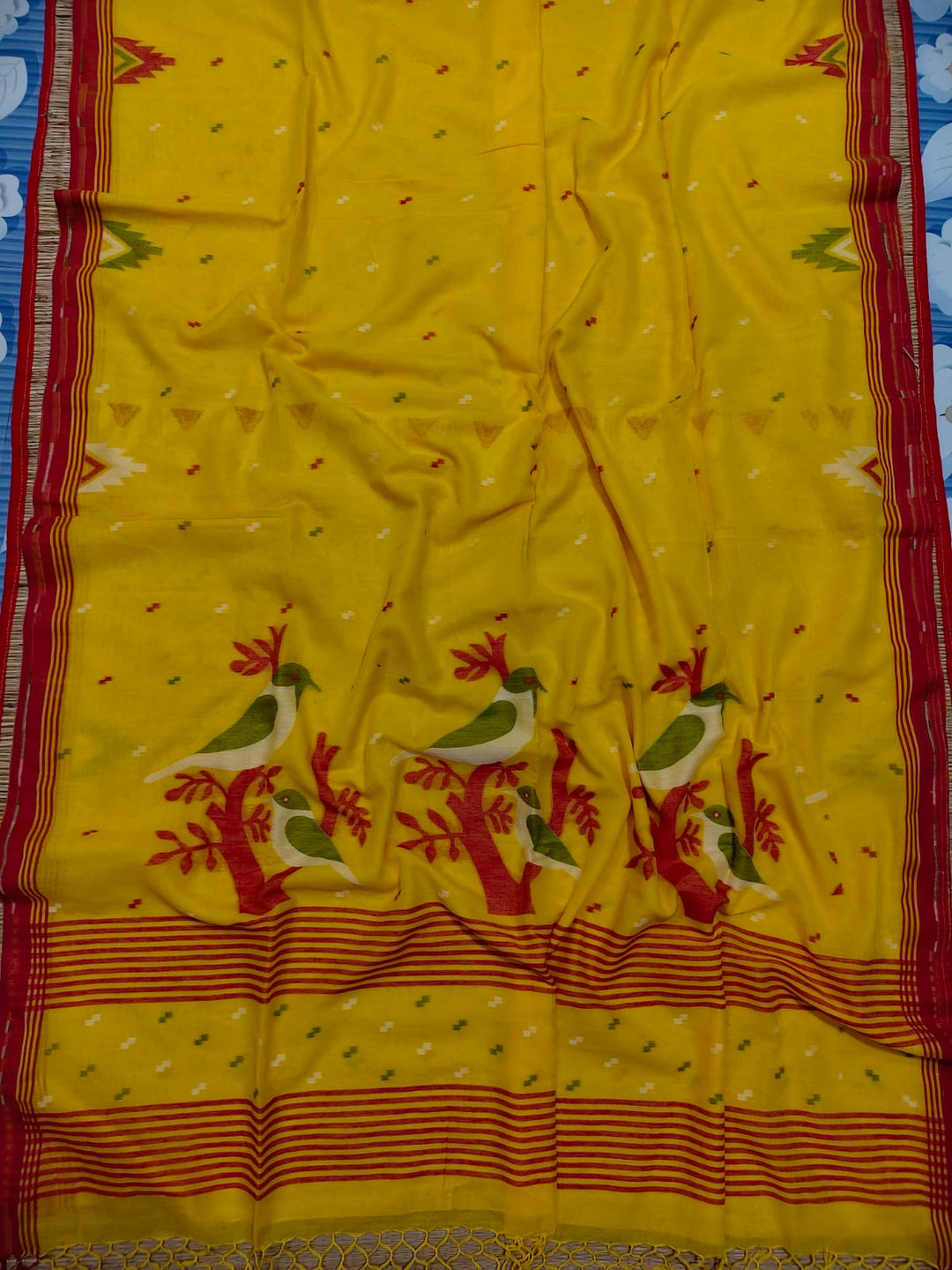 Pure Cotton Handloom Jamdani Bird Motif Saree With Blouse