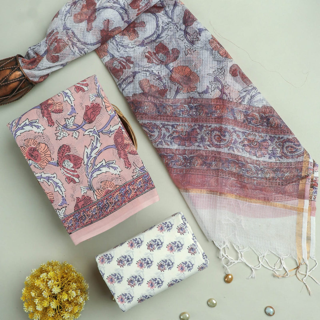 Pure Cotton Hand block print Unstitched Suit with Kota Dupatta .