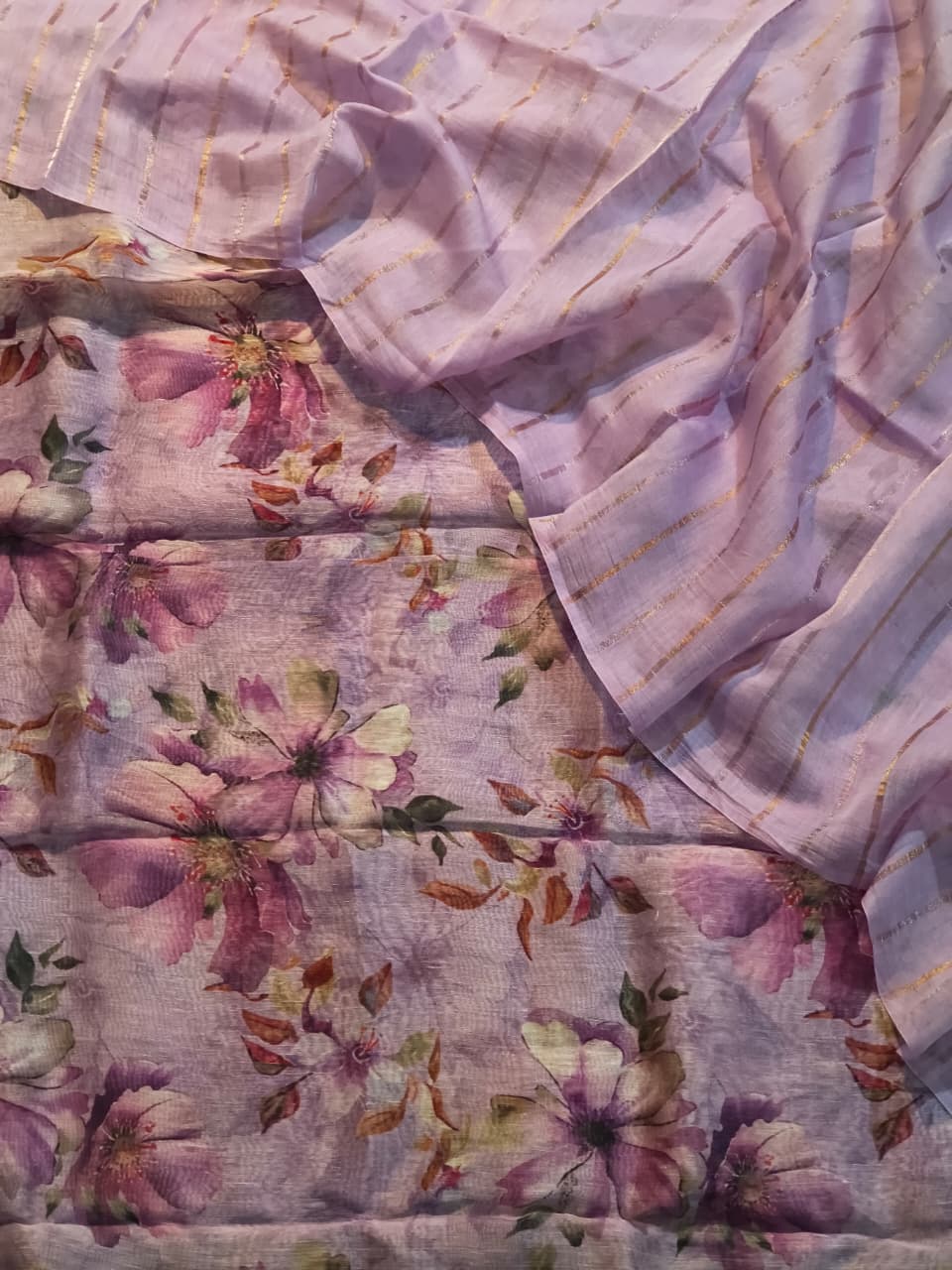 Pure Linen Silk Digital Printed Unstitched Suit  with Mulmul Silk Rupa Sona Striped Dupatta