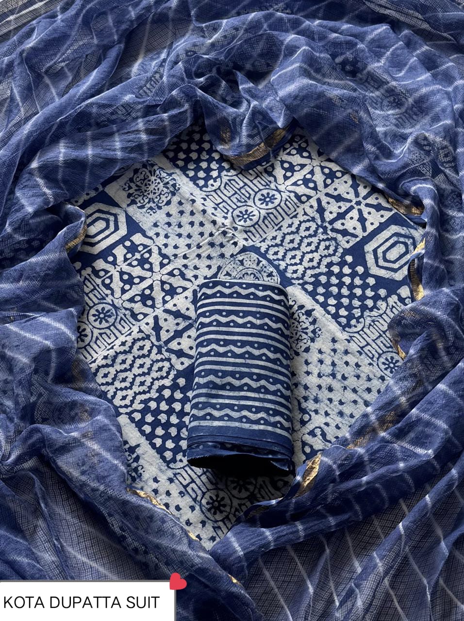 Pure Cotton Hand block print Unstitched Suit with Kota Dupatta