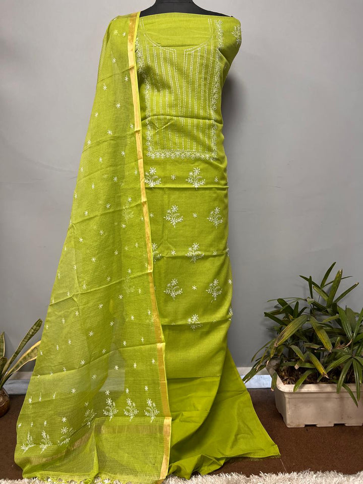 Chikankari Hand Work 3pc Unstitched Suit in Kota doria Fabric .