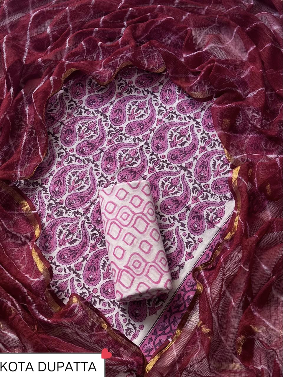 Pure Cotton Hand block print Unstitched Suit with Kota Dupatta