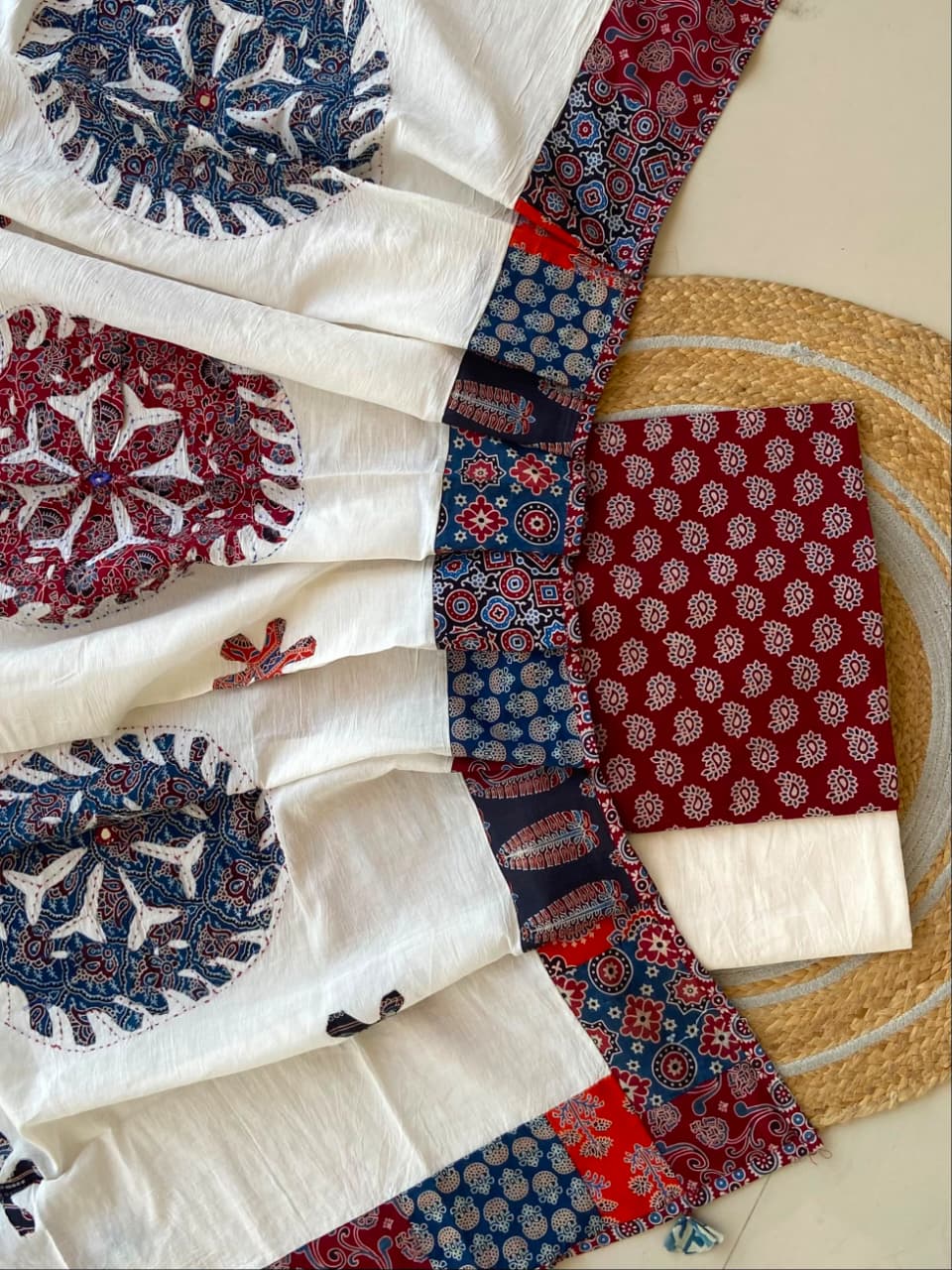 Pure Cotton Azrakh Print Unstitched Suit With Applique Work Dupatta