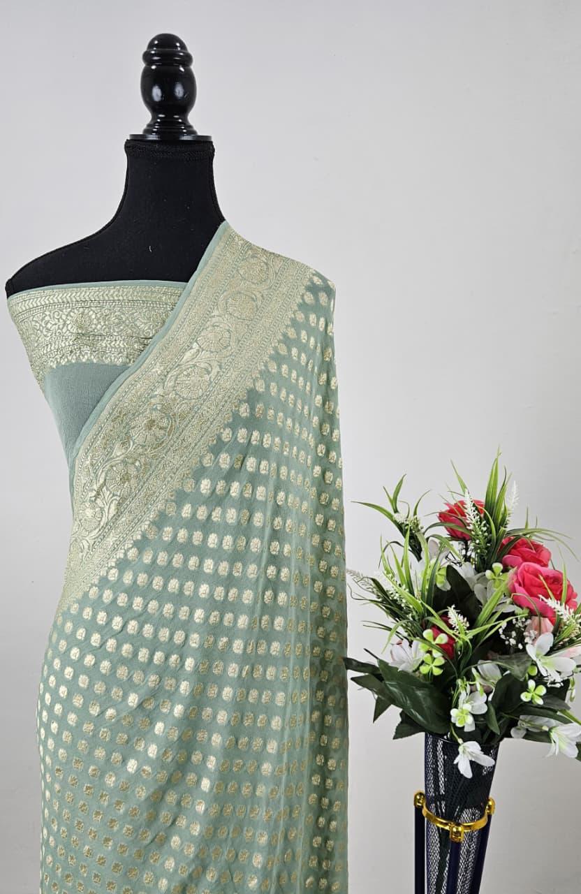Pure Banarasi Handloom Khaddi Georgette Silk Water Zari Work Saree. | NEW EDITION |