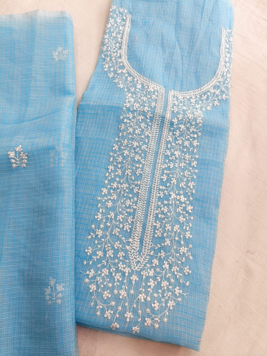 Pure Cotton Kota Doriya Embroidery Unstitched Suit With Dupatta (Without Bottom )