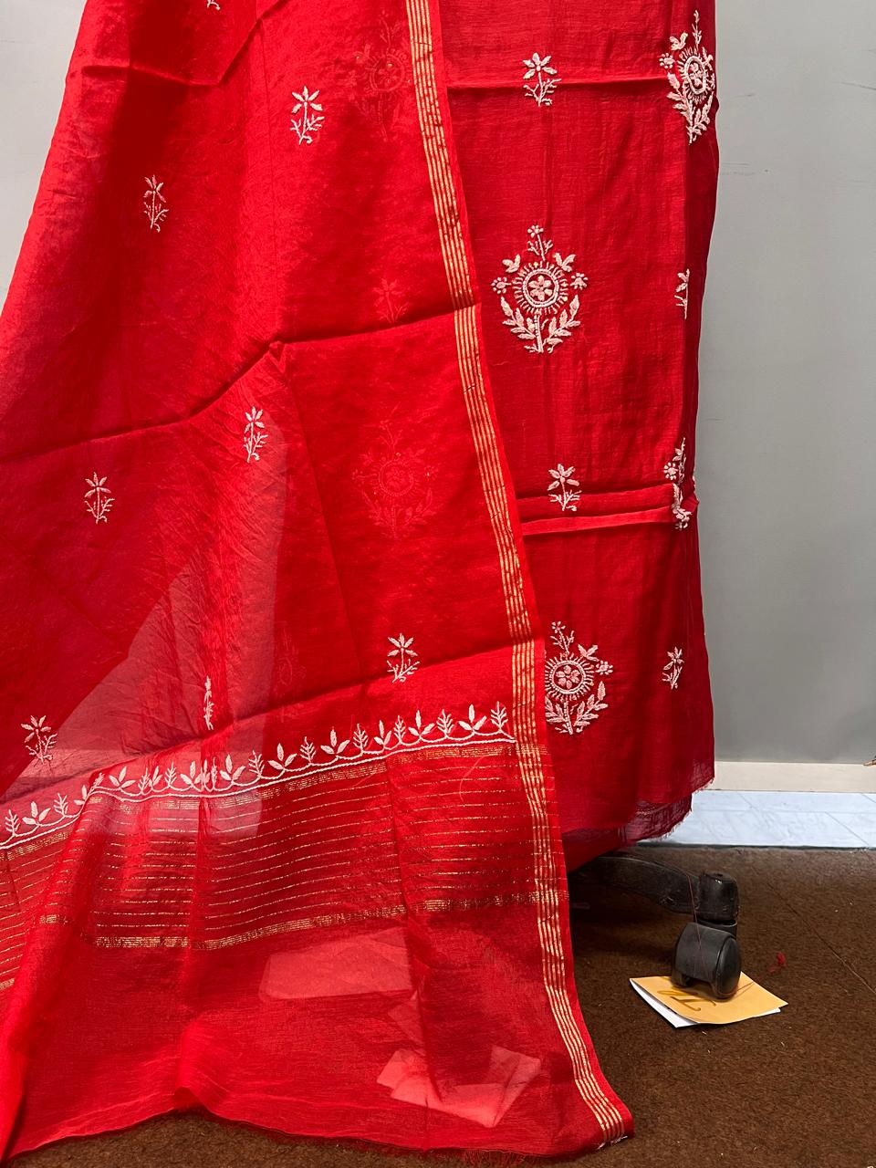 Pure Chanderi Silk Chikankari Hand Work Unstitched Suit