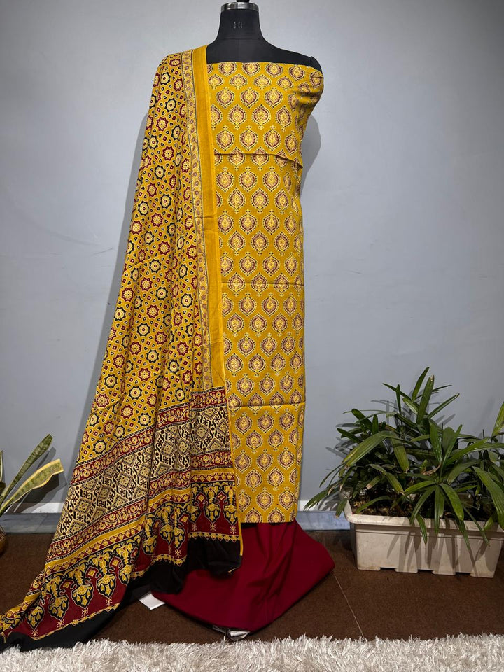 Pure Cotton Azrakh Print Unstitched suit With katha work Dupatta