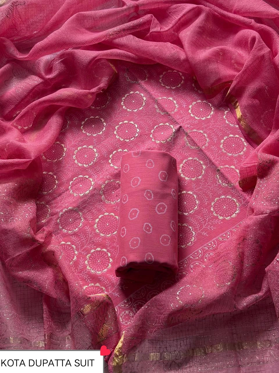 Pure Cotton Hand block print Unstitched Suit with Kota Dupatta