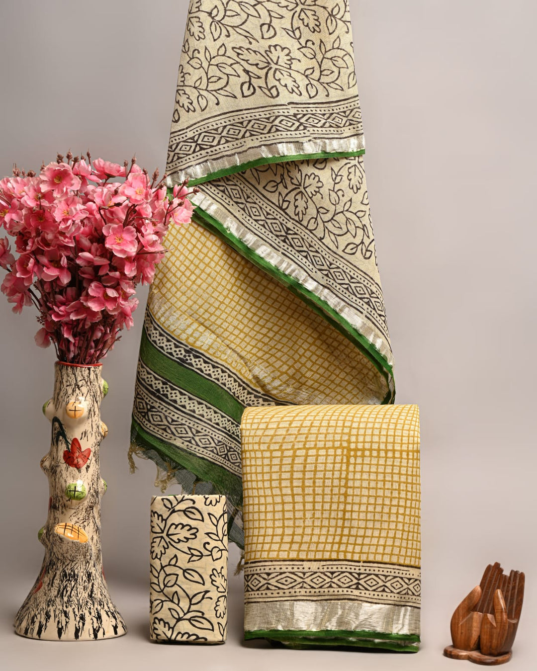 Hand Block Printed Linen Unstitched Suit .
