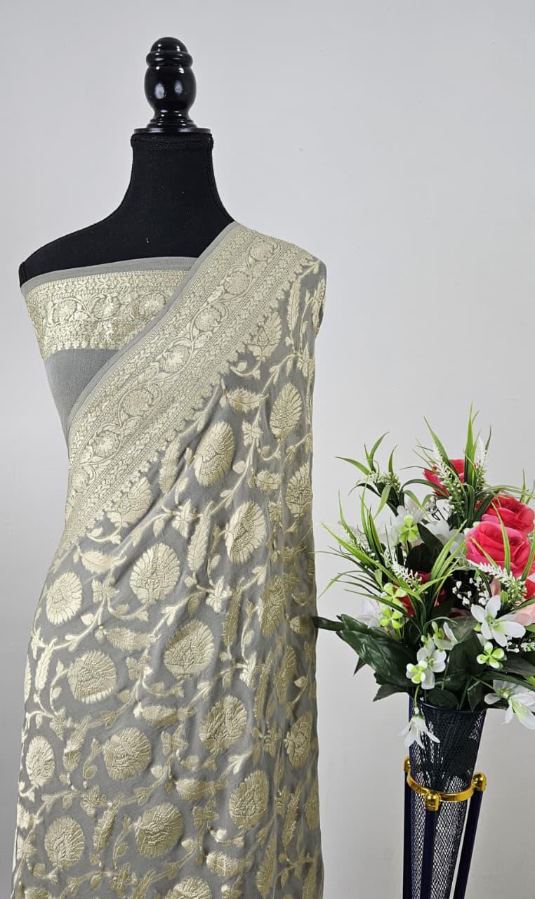 Pure Banarasi Handloom Khaddi Georgette Silk Water Zari Work Saree. | NEW EDITION |