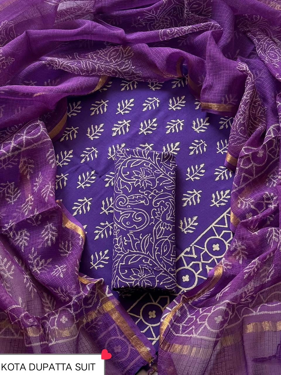 Pure Cotton Hand block print Unstitched Suit with Kota Dupatta