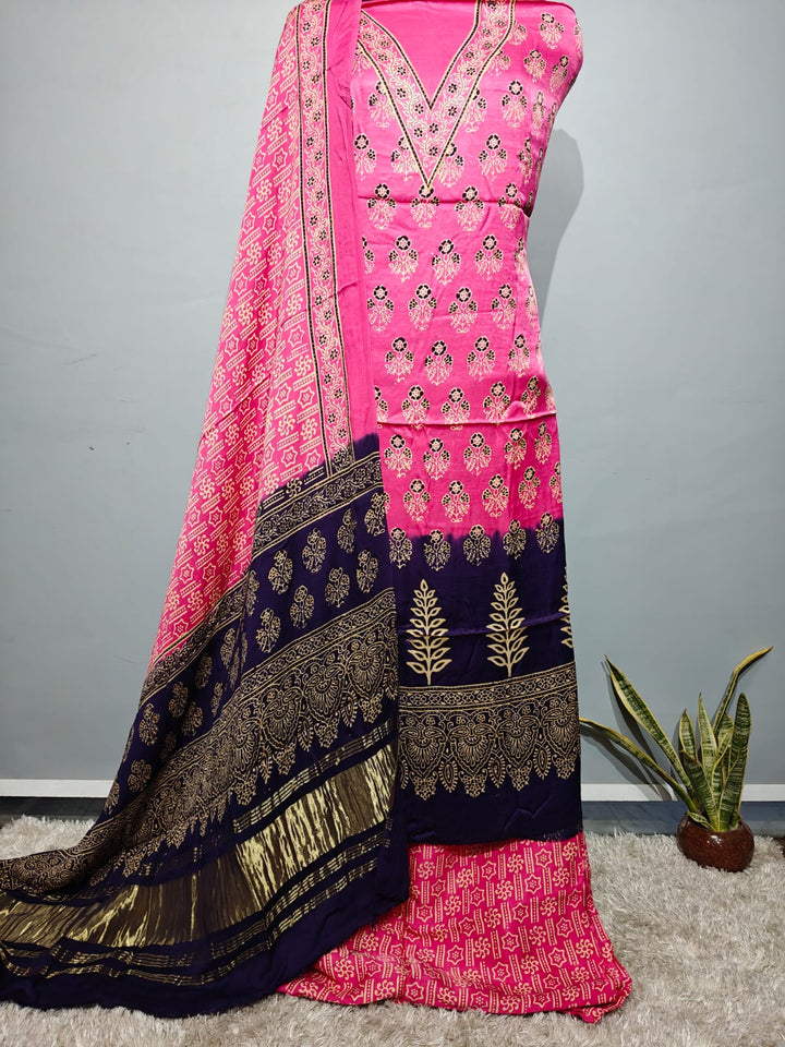 Pure Modal Silk Ajrakh Hend Block Zari Pallu Weaved 3pc Unstitched Suit