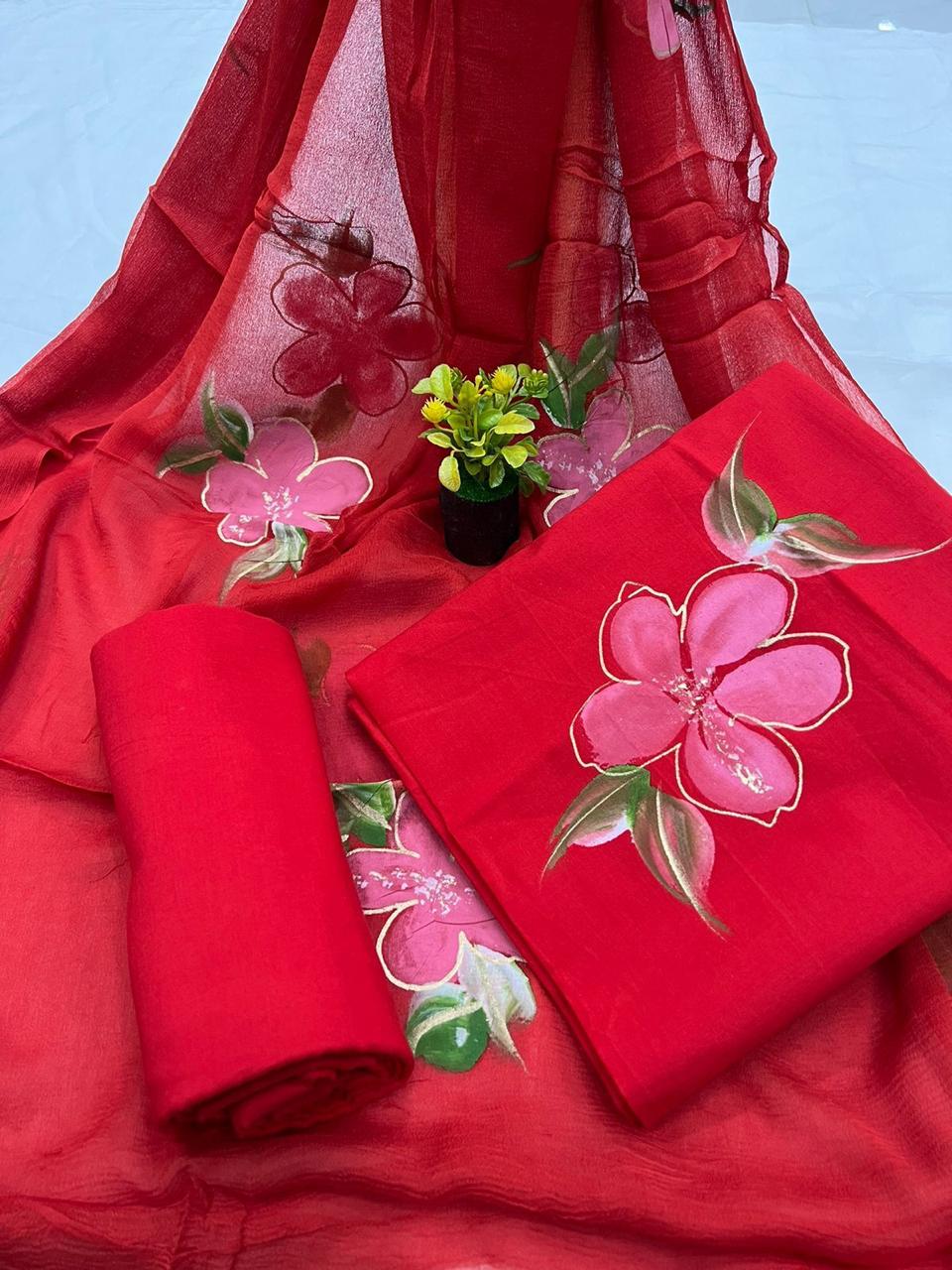 Pure Cotton Hand Block Print Unstitched Suit With Chiffon Dupatta .