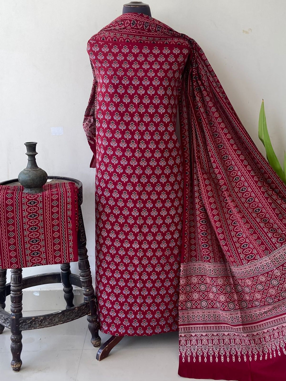 Pure Cotton Azrakh Print Unstitched Suit With  cotton Duppatta
