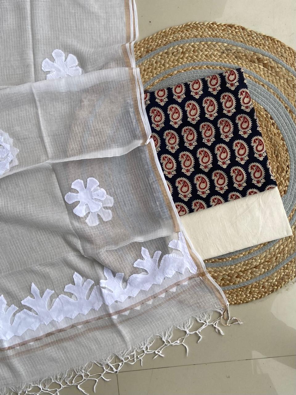 Azrakh Printed Top With Kota Doriya With Hand  Applique Work Dupatta