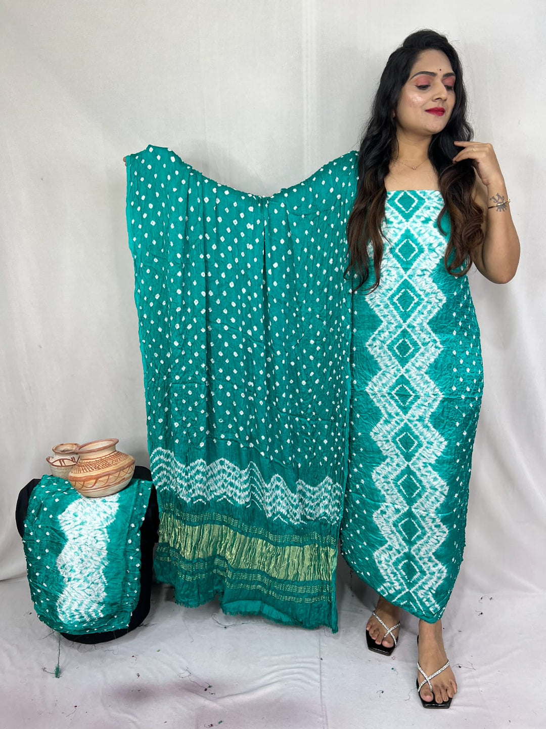 Pure Modal Silk Ajrakh Hend Block Zari Pallu Weaved 3pc Unstitched Suit .
