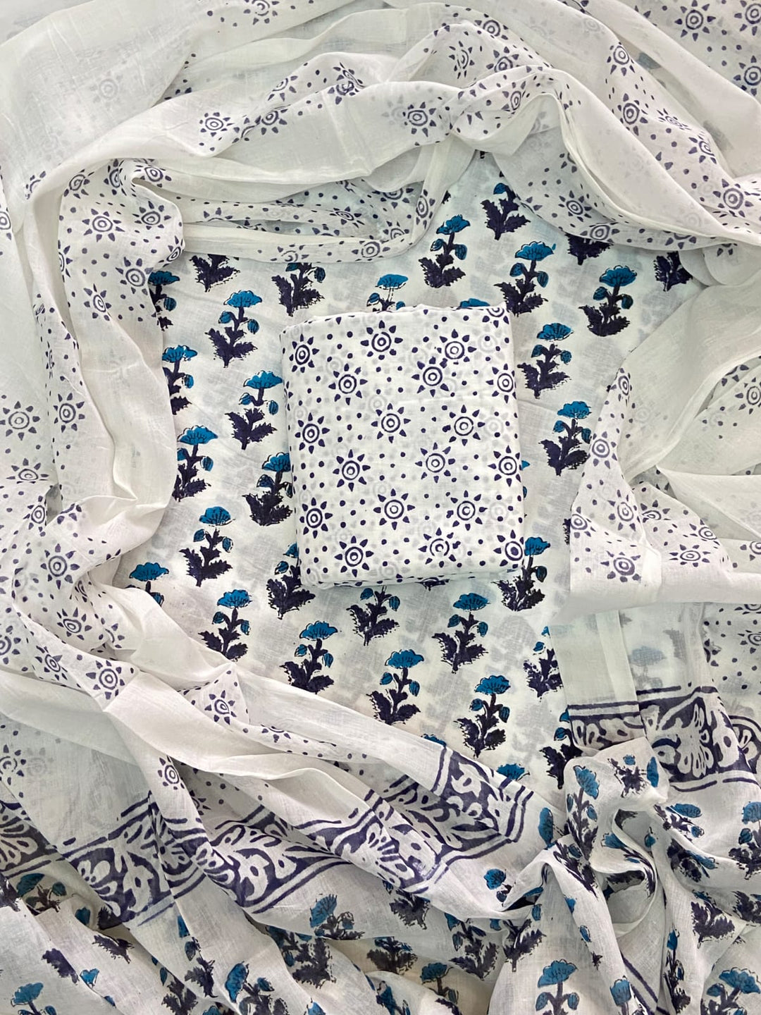 Pure Cotton Hand Block Print Unstitched Suit With Cotton Dupatta .