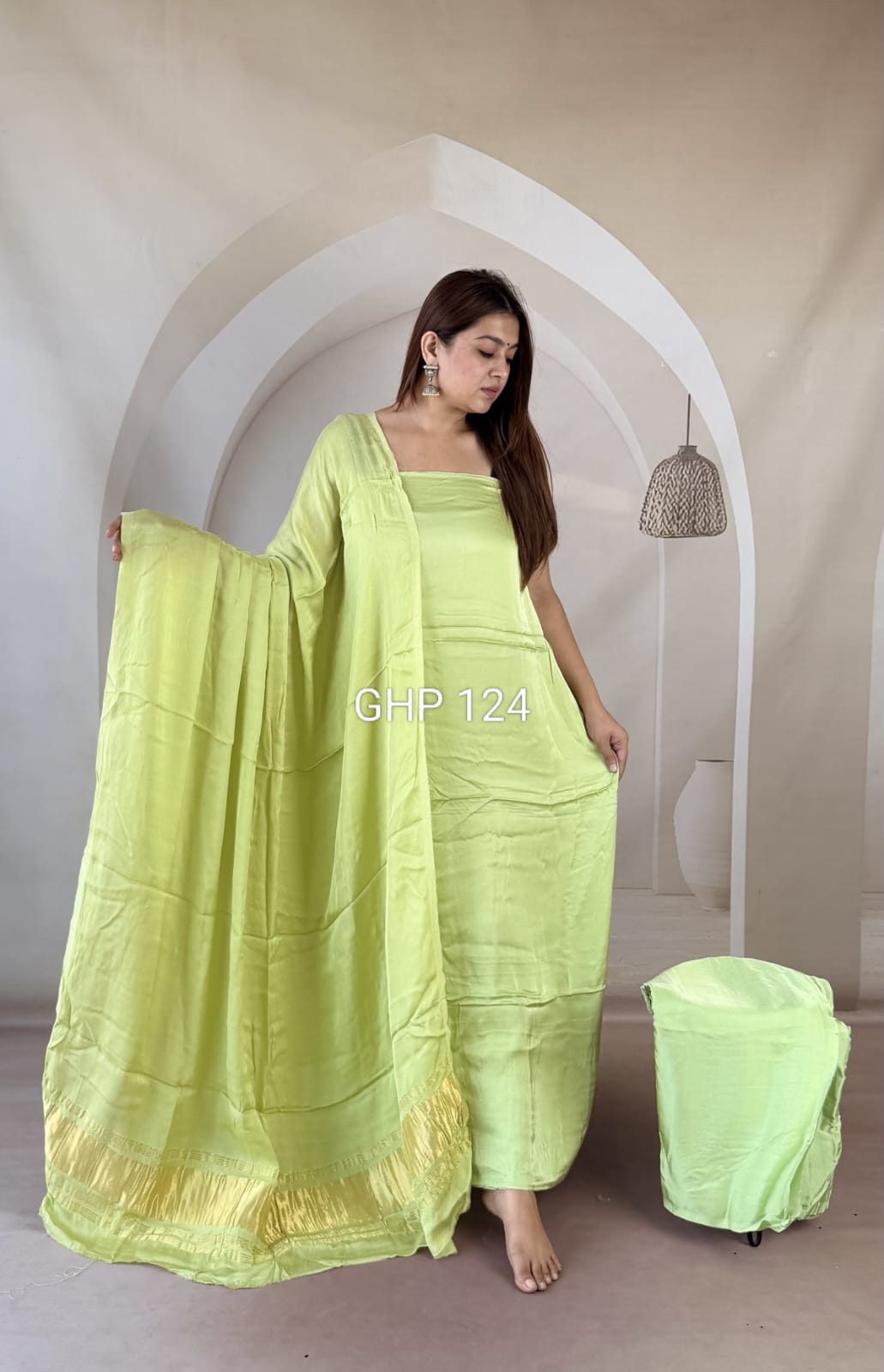 Pure Modal Silk Unstitched Suit with Lagdi Patta Dupatta