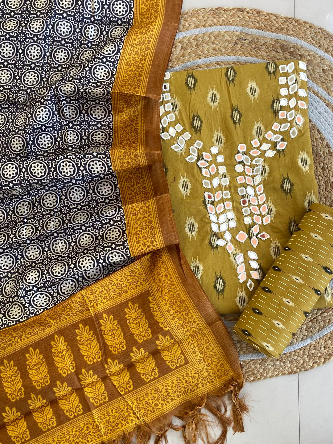 Pure Cotton Azrakh Print Unstitched Suit With Dola Silk Printed Dupatta