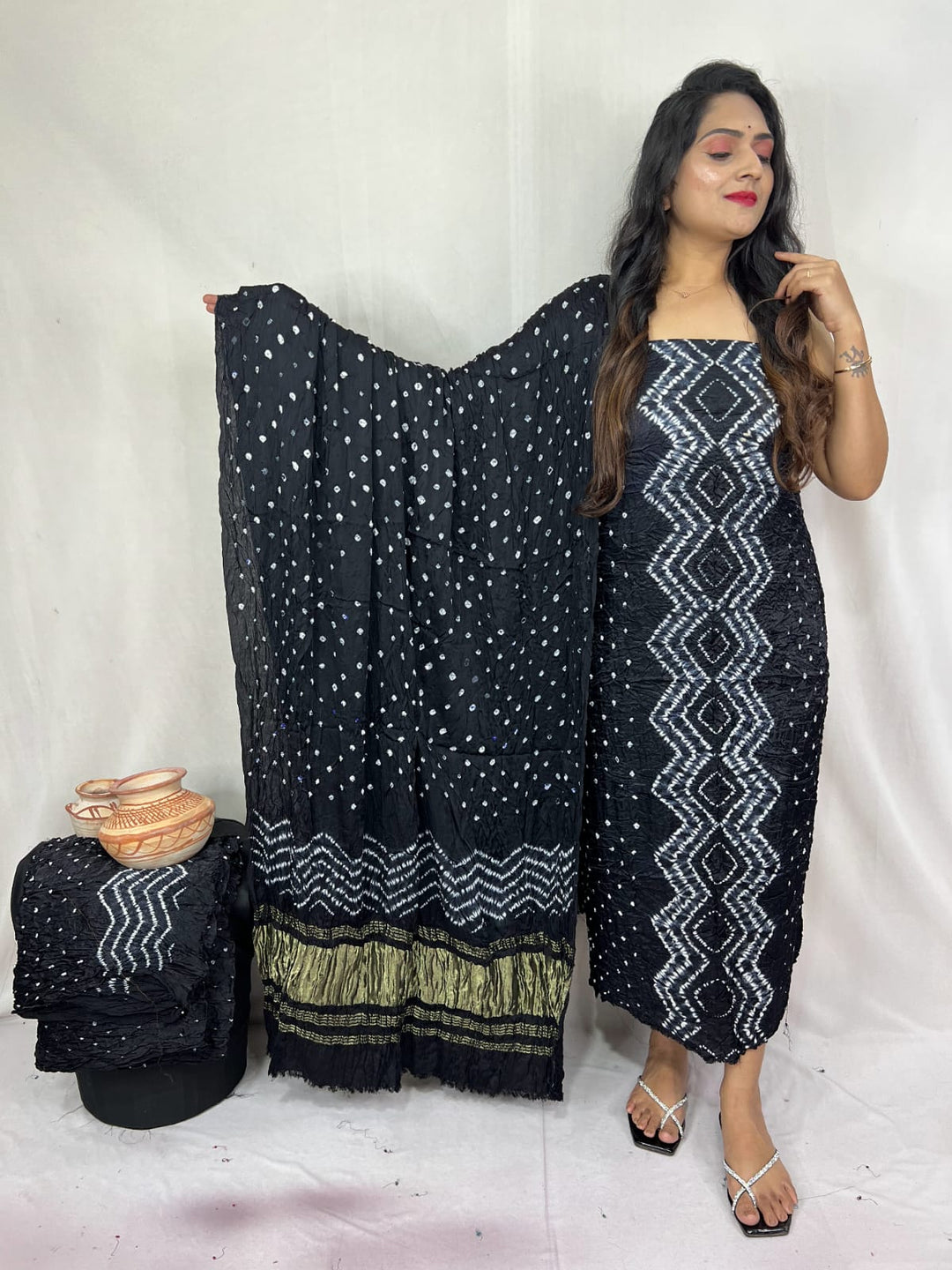 Pure Modal Silk Ajrakh Hend Block Zari Pallu Weaved 3pc Unstitched Suit .