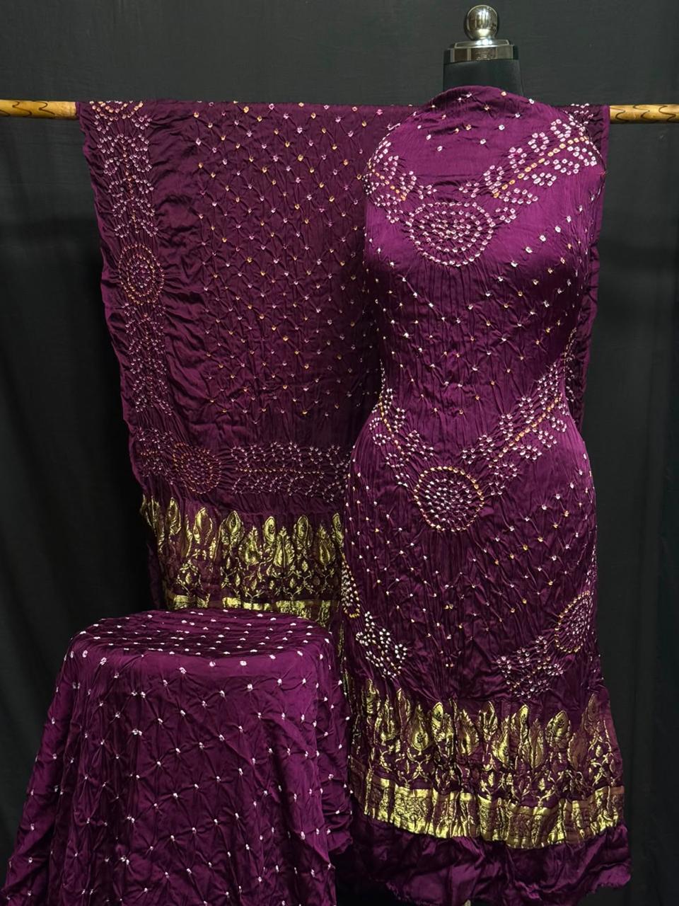 Premium Pure Modal Silk Rayi Bandhej 3-Piece Suit with Heavy Tissue Pallu Dupatta