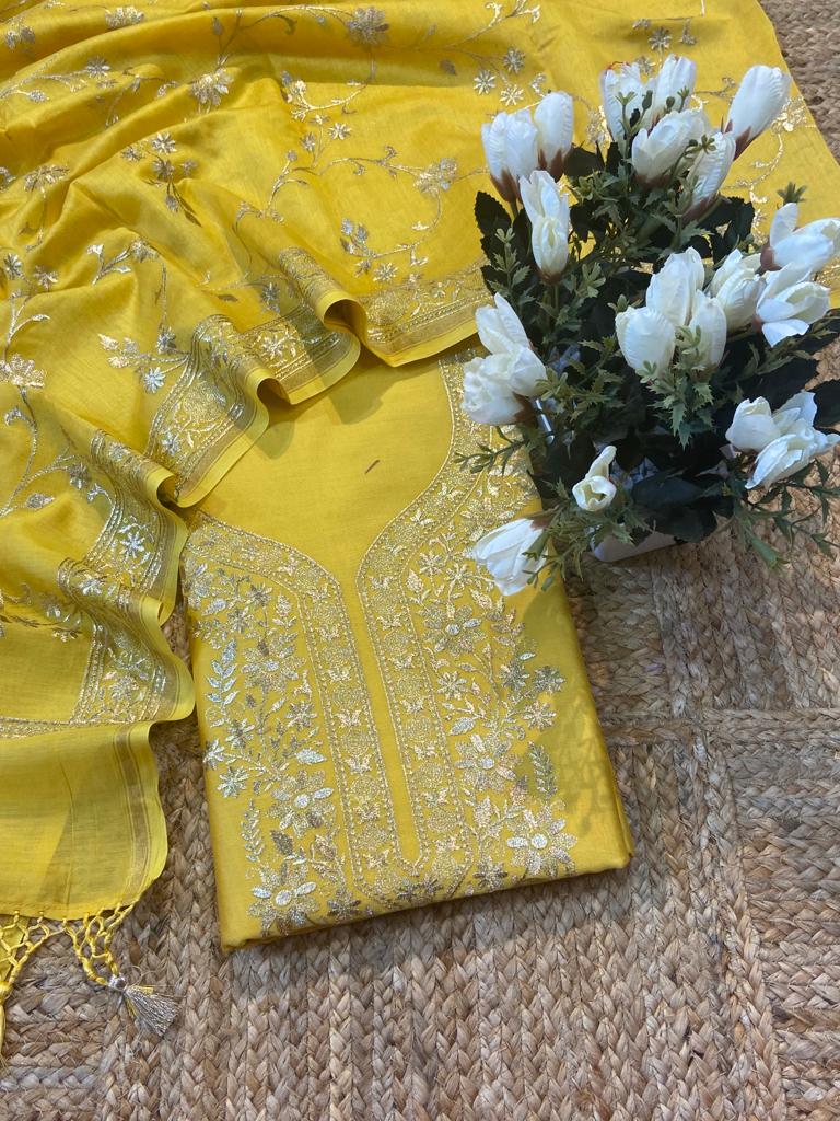 Pure Banarasi Resham Chanderi Silk Zari Embroidery Unstitched Suit .