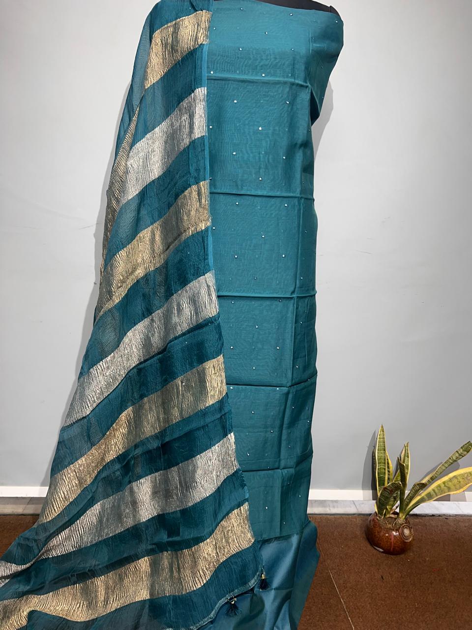 Exclusive Pure Banarasi Chanderi Silk Unstitched Suit with Organza Crushed Tissue Stripe Dupatta